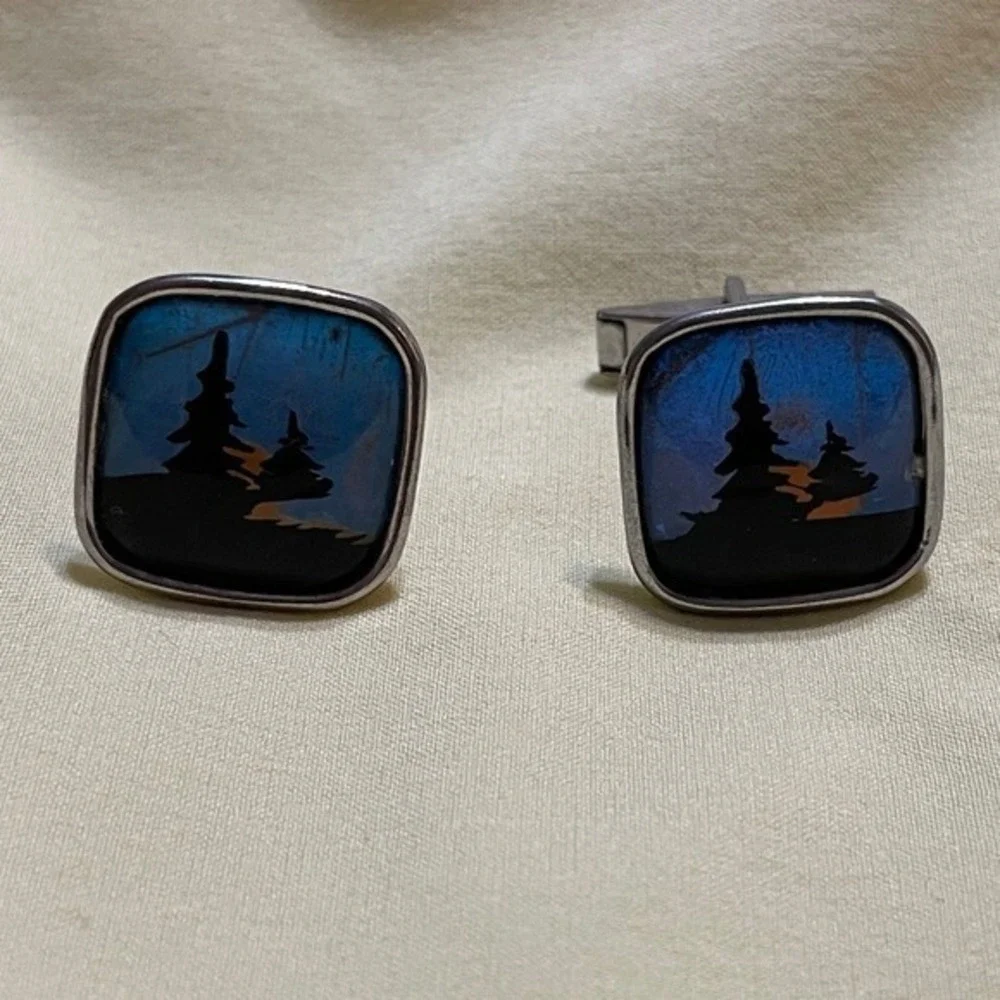 Unique‎ 70's Mens Cufflinks Butterfly Wing Silhouette Trees Night Sky Scene